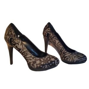 BCBGeneration Hannah Heels Womens Size 7.5 Black Gray Leather Leopard Faux Fur